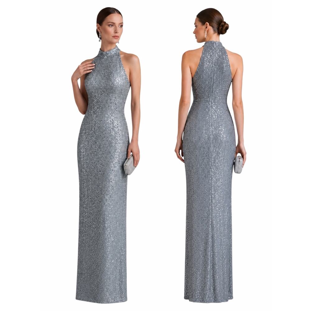 Ricci Wear Halter Neck Sequin Embellished Evening Gown Gray Silver Size M